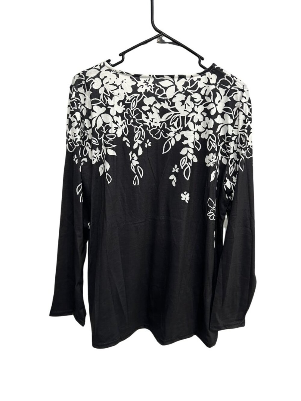 Floral Pintuck Long Sleeve Henley Top Black White Polyester Blend Boho Office - Picture 2 of 8
